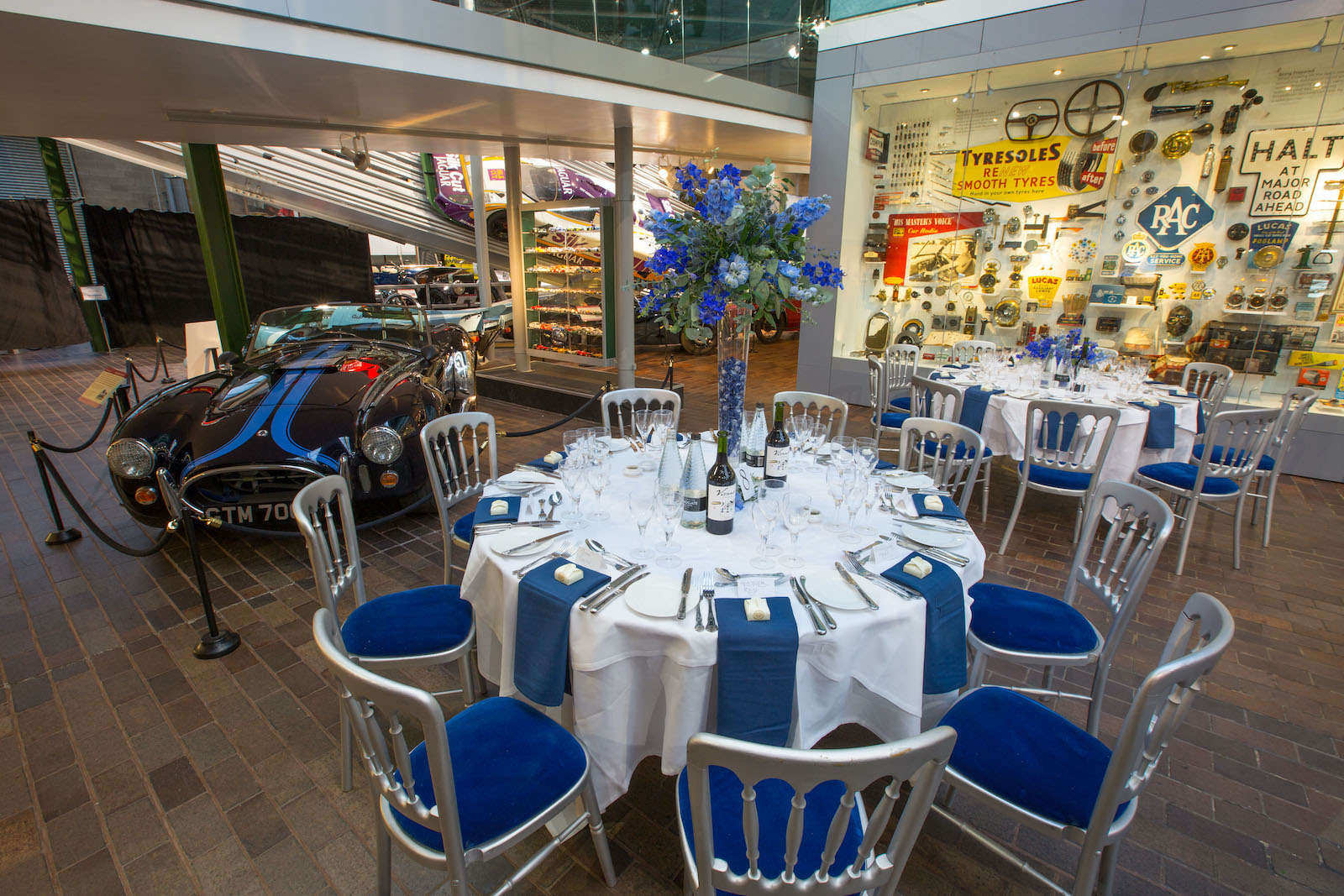 A corporate event dinner layout at Beaulieu Motor Museum