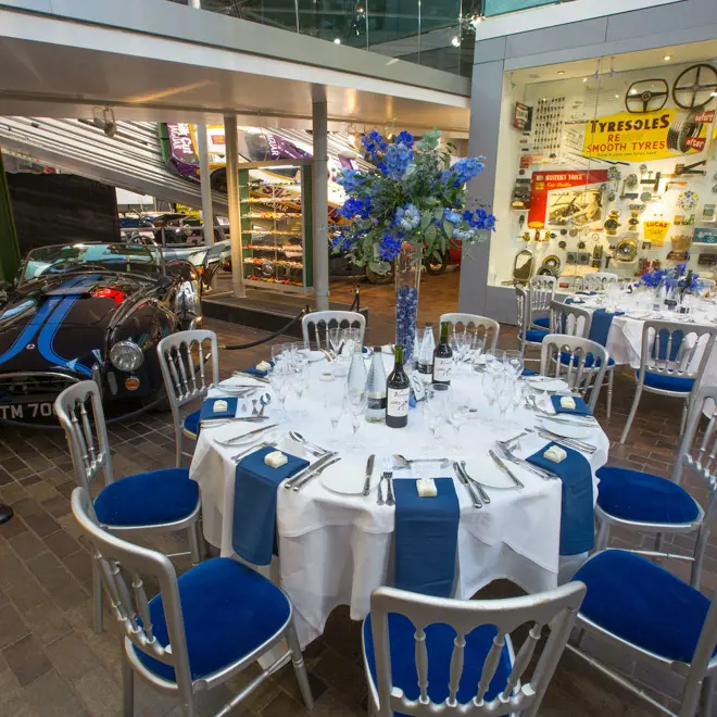 A corporate event dinner layout at Beaulieu Motor Museum 
